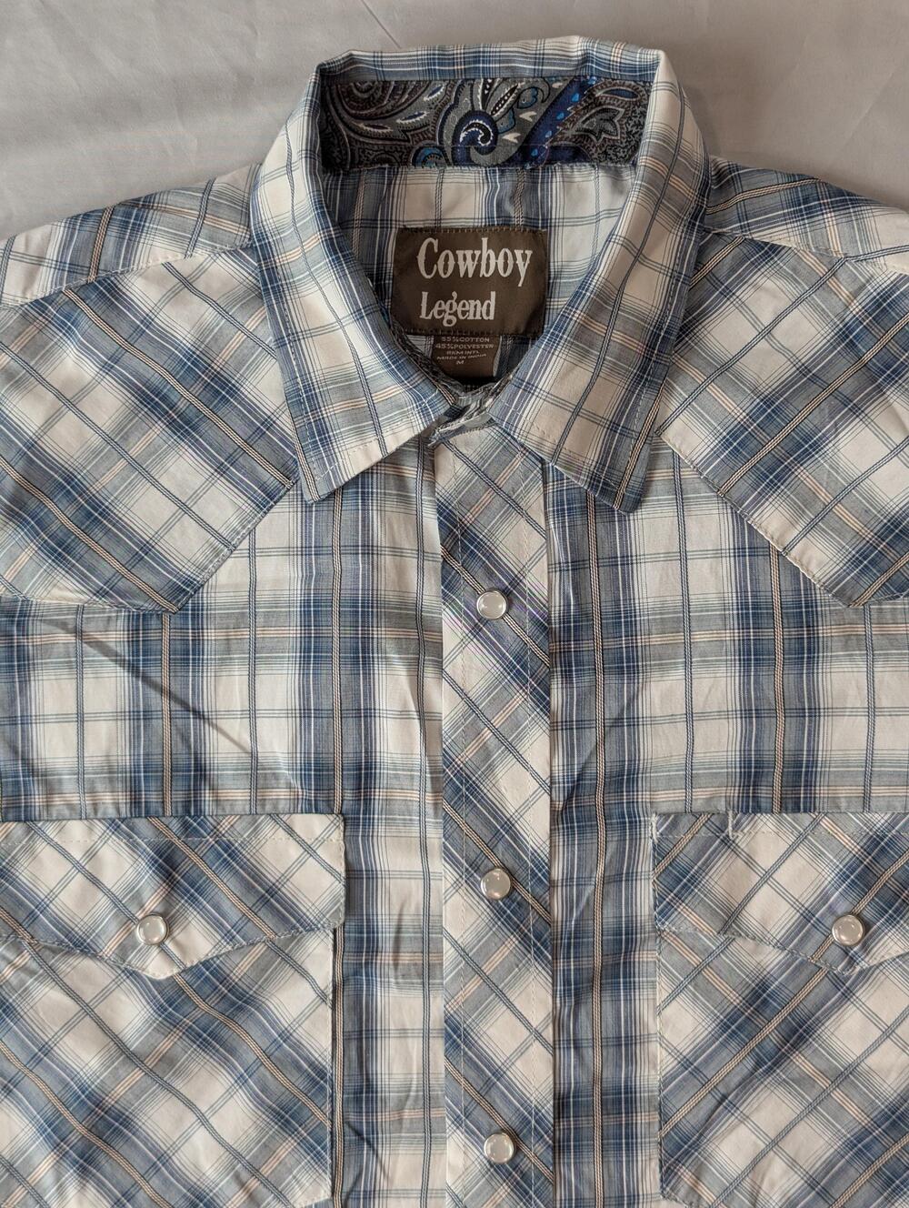 Cowboy Legend Shirt Mens M Blue Plaid Short Sleeve Western Pearl Snap Pockets